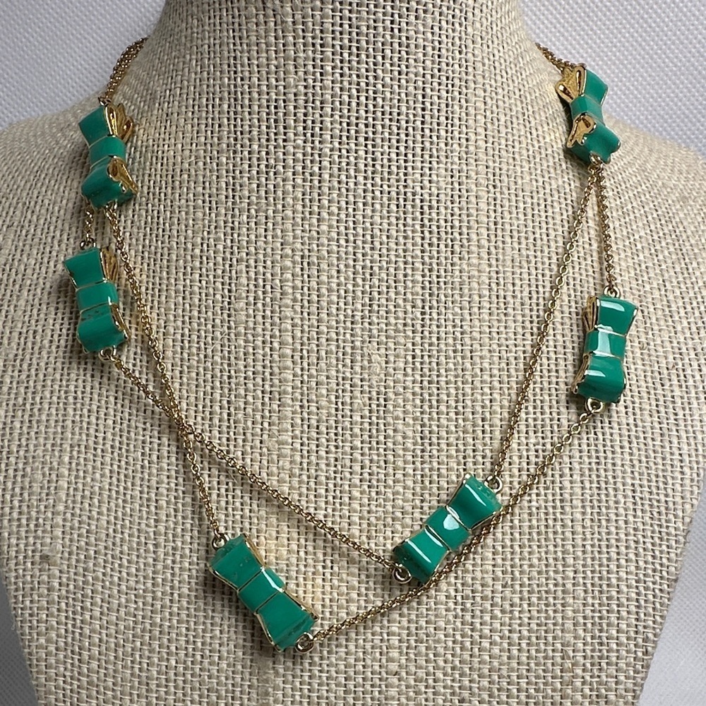 Kate Spade Gold and Green Bow Necklace – 32” Long / 16” Drop (EUC)